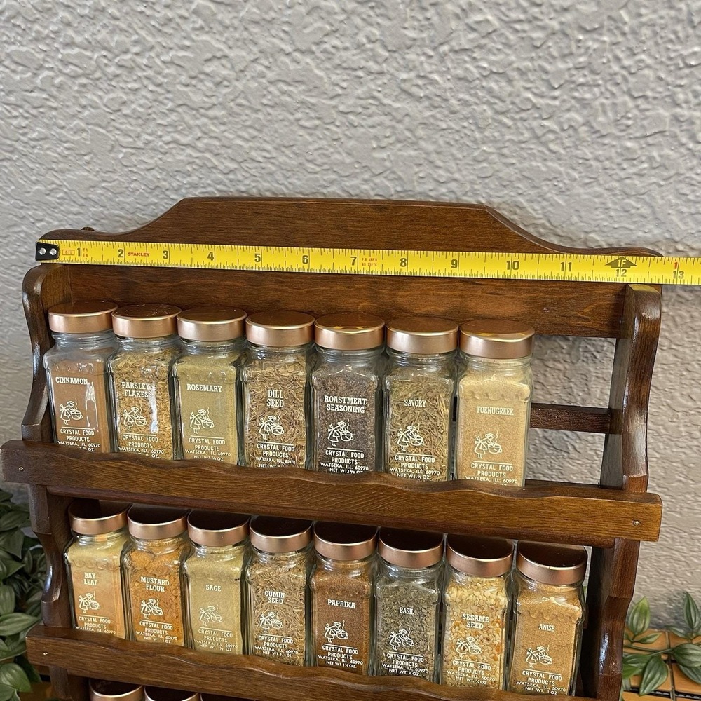 Vintage Crystal Food Products Wooden Spice Rack 3 Tier 23 Glass Cooper Tone Lids - Picture 8 of 9